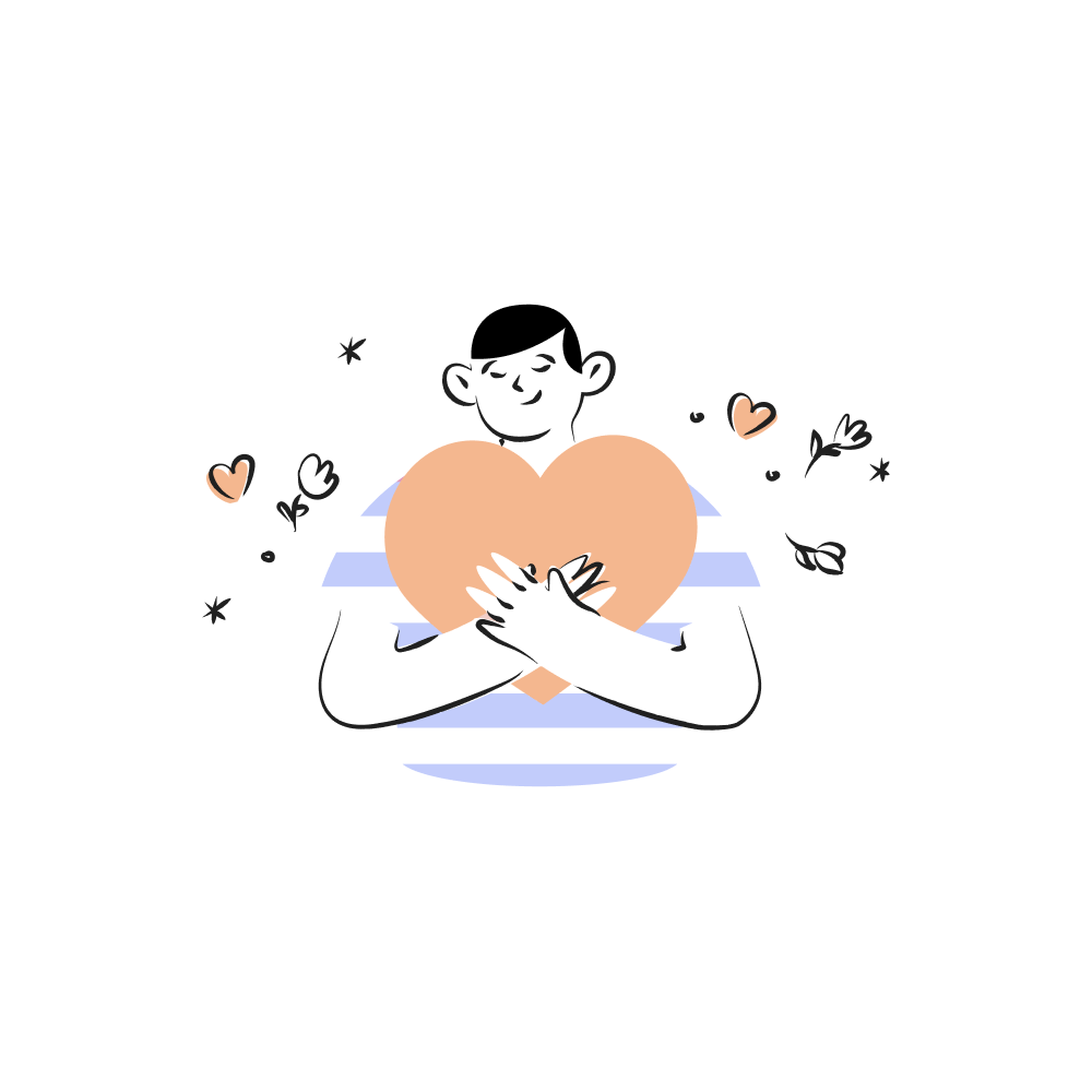 An illustration of a young man holding a large graphic red heart close to his chest