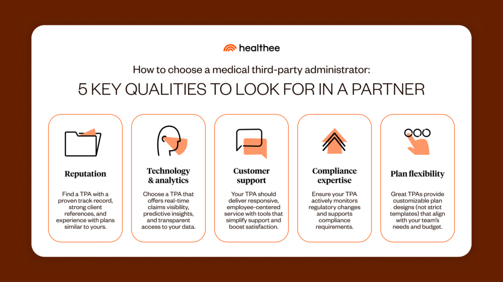 An illustrated infographic with 5 key qualities to look for in a medical third party administrator