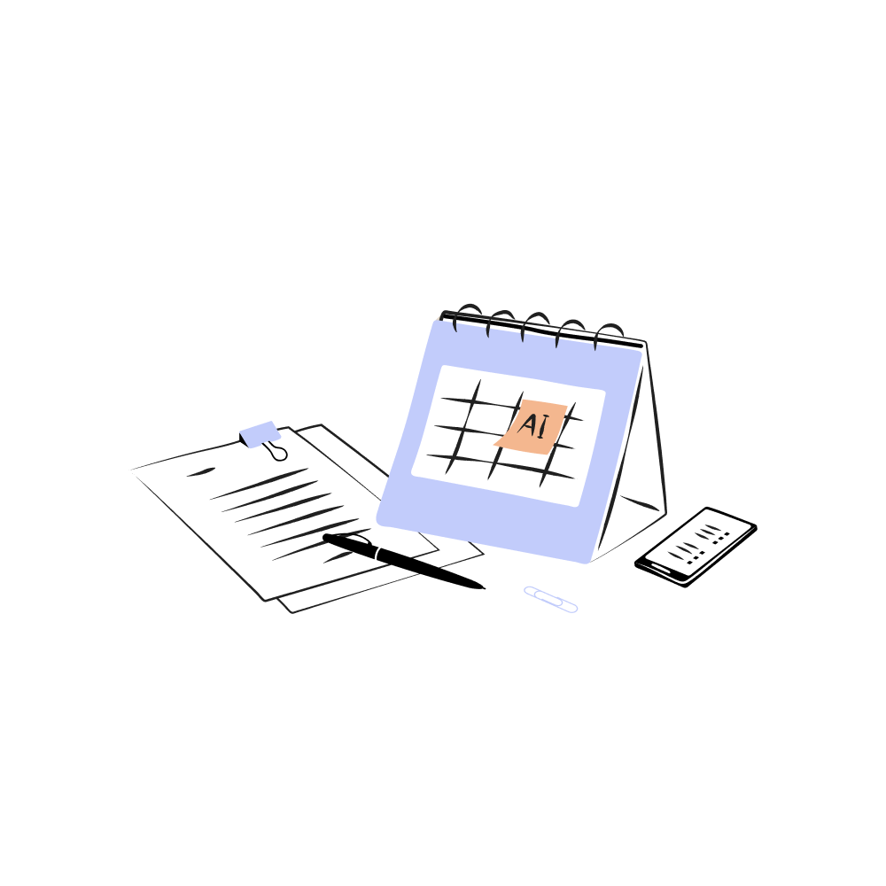 Illustration of calendar in a desk. The calendar has a scheduled meeting titled "AI"